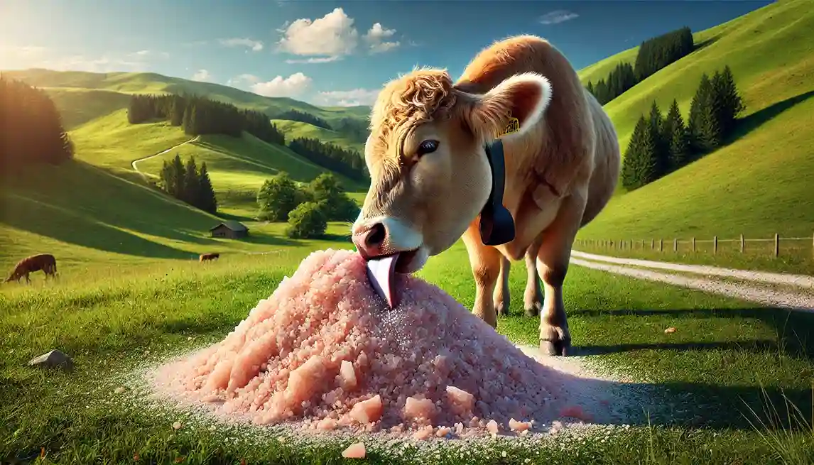 Cow licking salt lick in pasture
